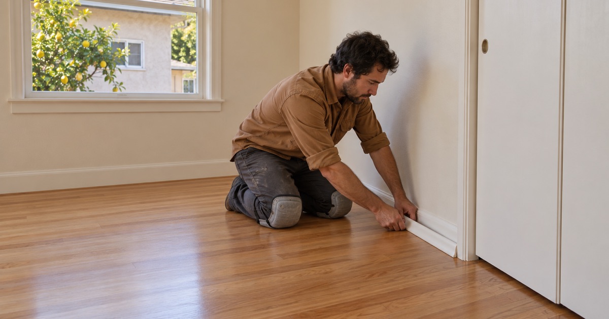 Worker refitting shoe molding along a newly finished oak floor in a Buena Park bedroom.