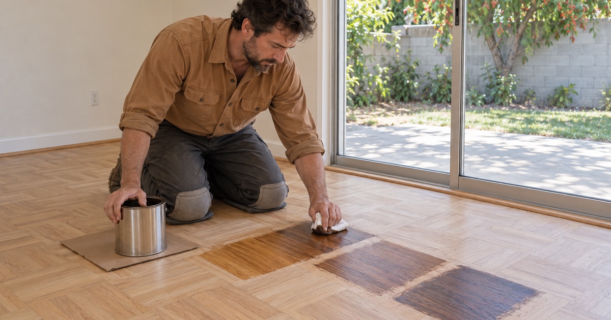 Worker wiping stain test patches onto sanded oak parquet in a Buena Park dining room.