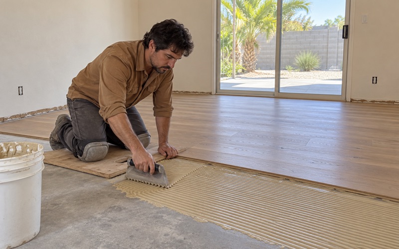 Worker troweling adhesive onto a concrete slab ahead of engineered oak planks in a Buena Park house.
