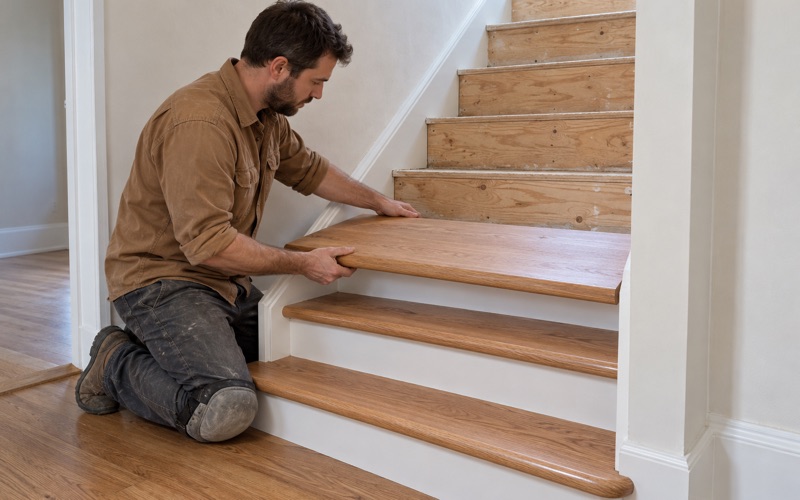 Worker setting a new oak retro tread with a bullnose front edge onto a stair in a Buena Park townhouse.