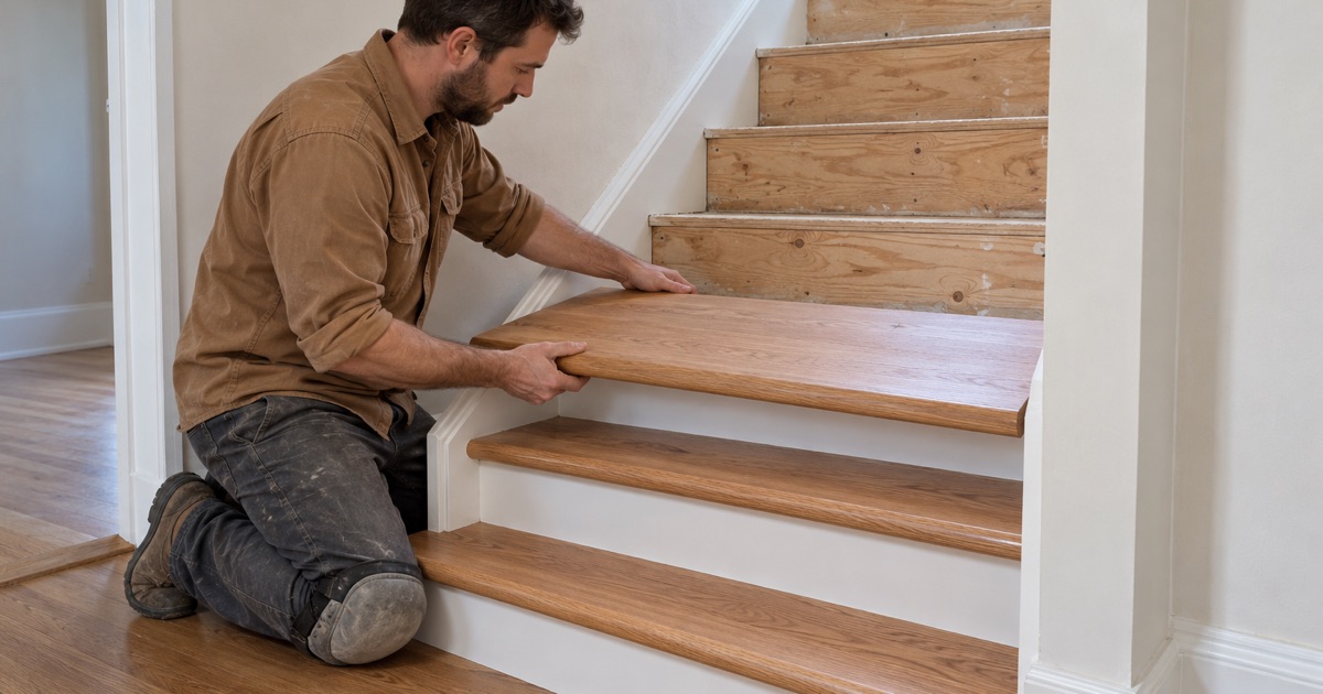 Worker setting a new oak retro tread with a bullnose front edge onto a stair in a Buena Park townhouse.