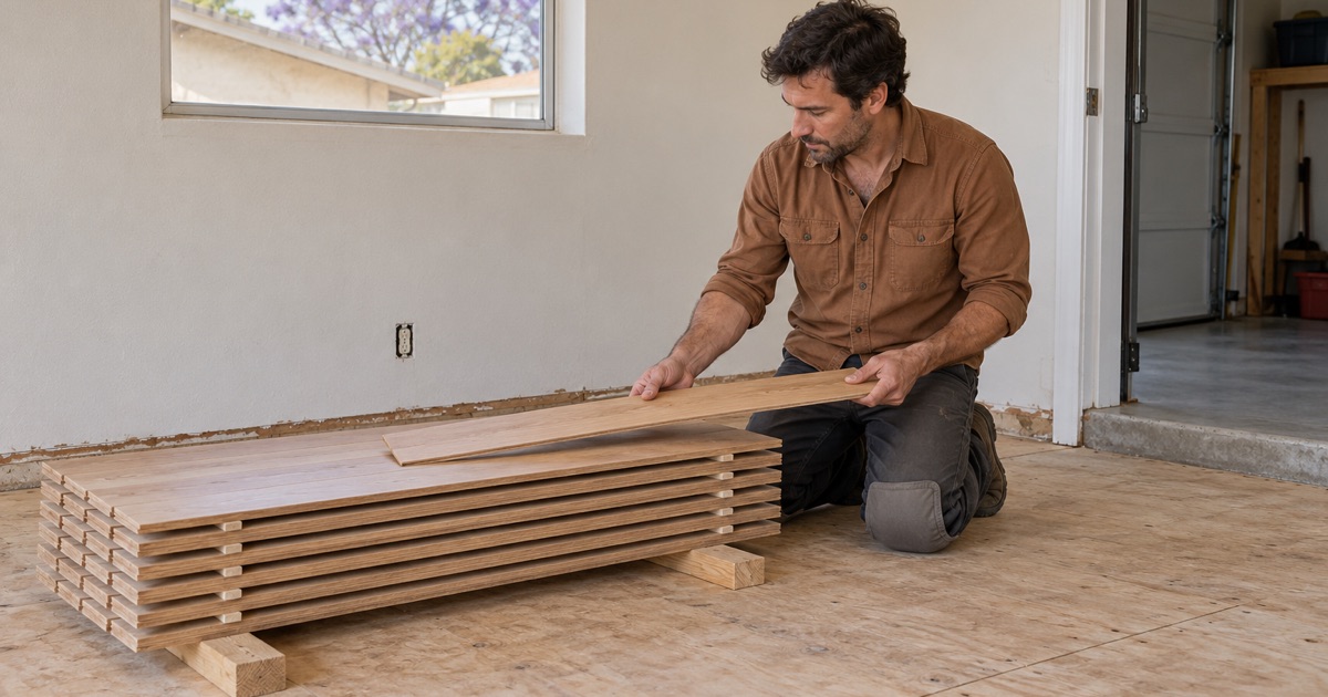 Worker lifting a board from an acclimating stack of new white oak flooring in a Buena Park house.