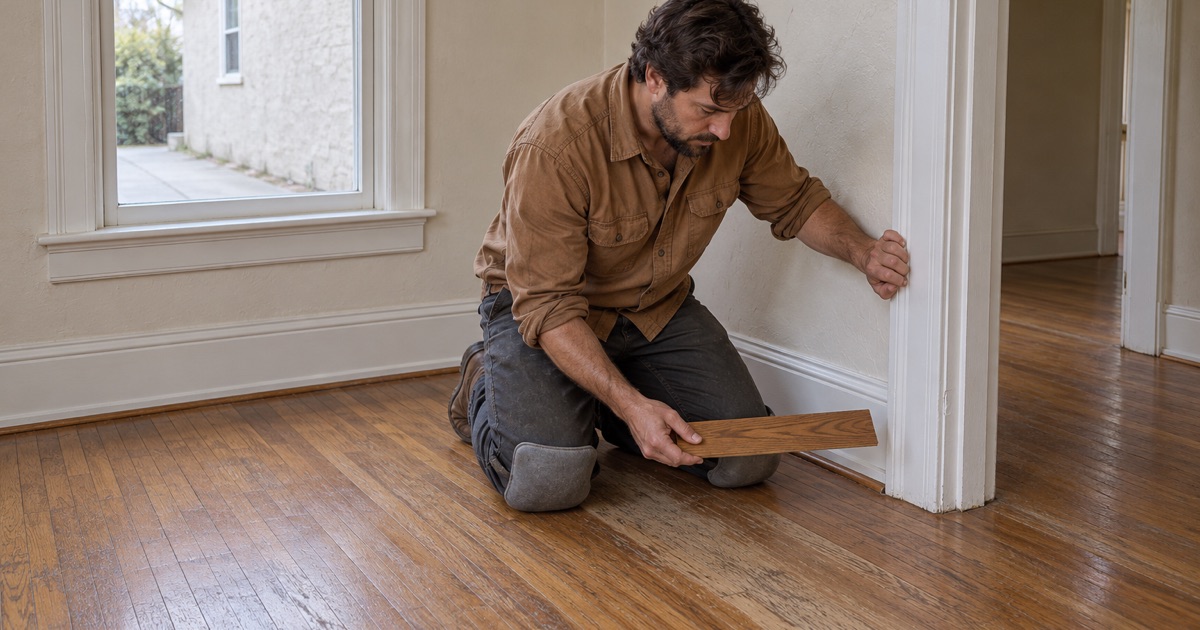 Worker holding a salvaged oak board beside an older strip floor to match its color and width in a Buena Park house.