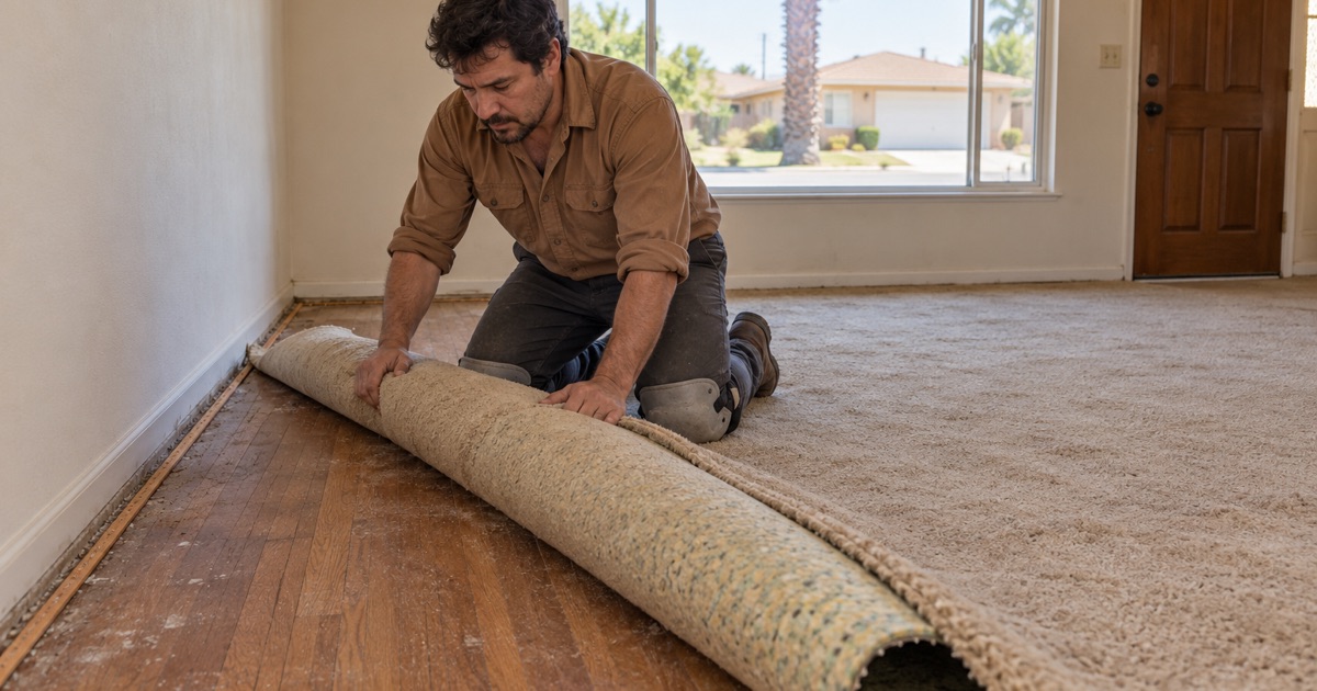 Worker rolling back old carpet to uncover the original red oak floor in a Buena Park tract house.