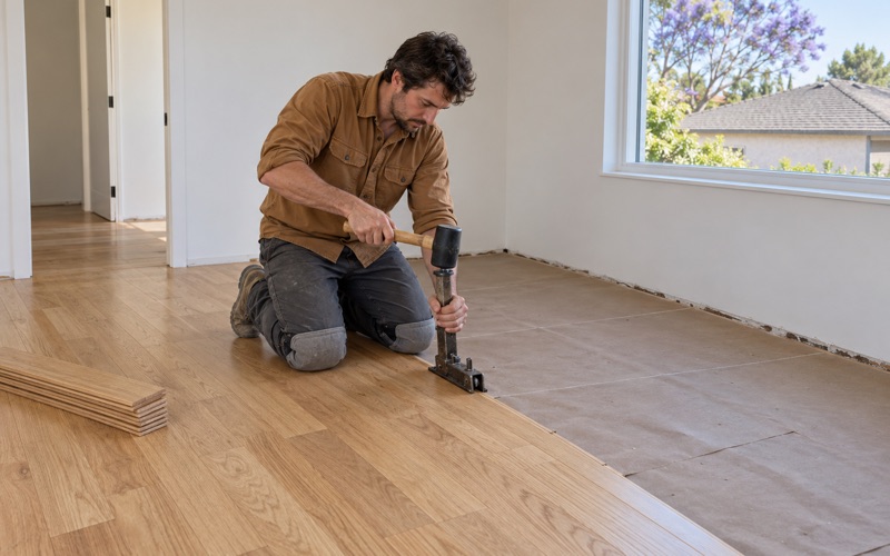 Worker nailing a solid white oak board through its tongue with a flooring nailer in a Buena Park house.
