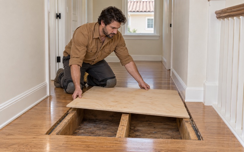 Worker setting a new plywood subfloor panel into an opened floor before new oak goes down.