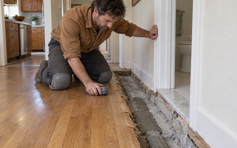 Worker checking cupped oak boards beside a patched slab-leak trench in a Buena Park kitchen hallway.