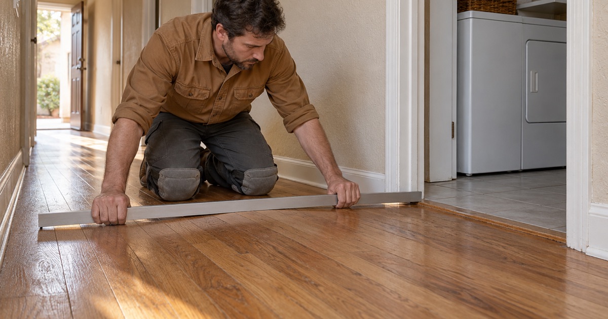 Worker laying a long straightedge across a crowned section of oak floor to show the hump in a Buena Park hallway.