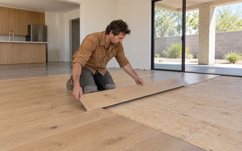Worker lowering a long wide white oak plank into place in an open-plan room in Buena Park.