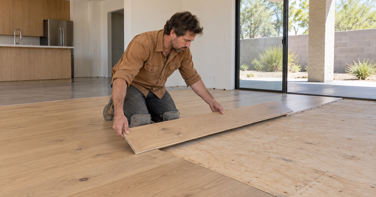 Worker lowering a long wide white oak plank into place in an open-plan room in Buena Park.