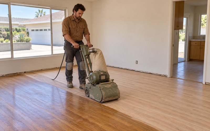 Worker drum-sanding red oak strip flooring in the living room of a 1950s tract house in Buena Park.