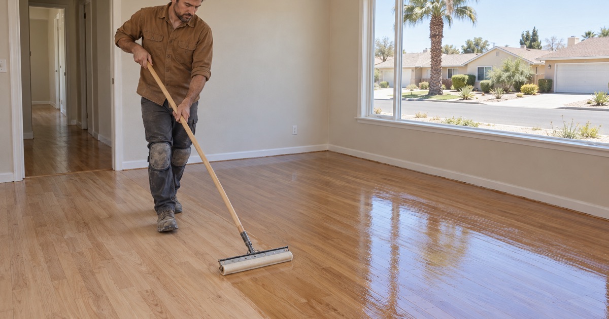 Worker walking backwards while coating a sanded red oak strip floor in a 1950s single-story house in Buena Park.